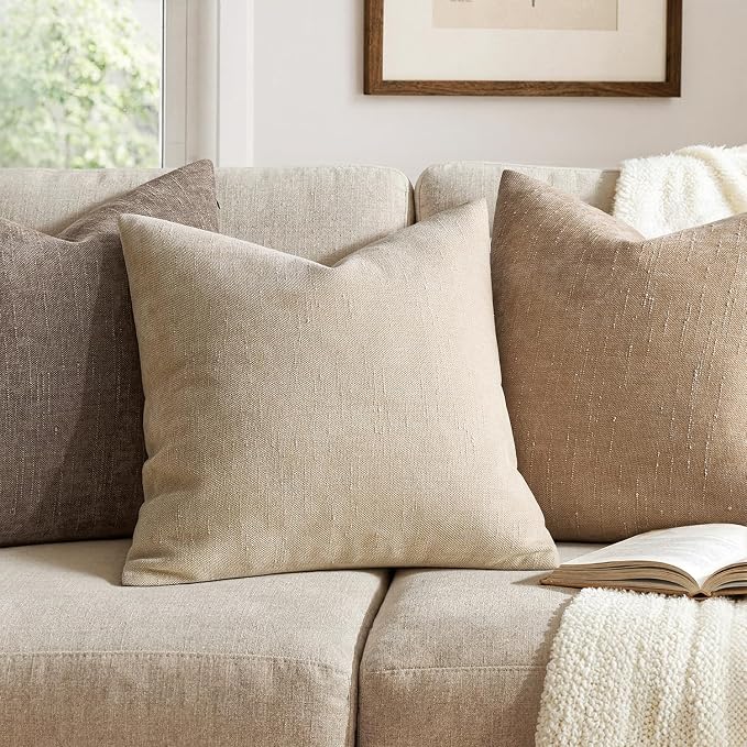 MIULEE Textured Chenille Throw Pillow Covers 18x18 Inch Beige | Pack of 2 Decorative Soft Throw Pillows, Solid Textured Cushion Covers, Modern Home Decor for Couch Sofa Bedroom Living Room
