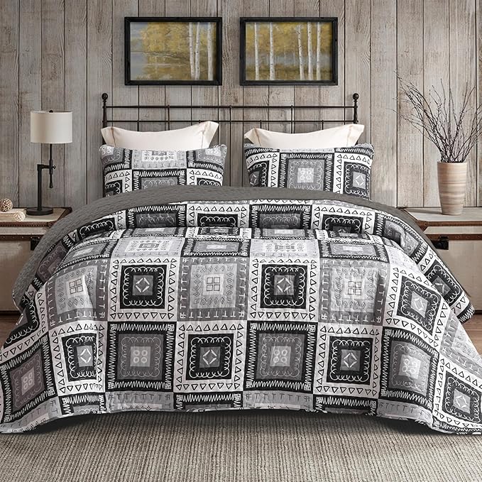 Exclusivo Mezcla Reversible Boho Quilts Full Size Black | Lightweight Soft Bedspreads, All Season Patchwork Coverlet Bedding Set, Printed Floral Pattern, 1 Quilt and 2 Pillow Shams