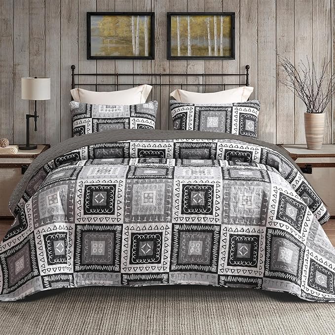 Exclusivo Mezcla Reversible Boho Quilt King Size Black | Lightweight Soft Bedspreads, All Season Patchwork Coverlet Bedding Set, Printed Floral Pattern, 1 Quilt and 2 Pillow Shams