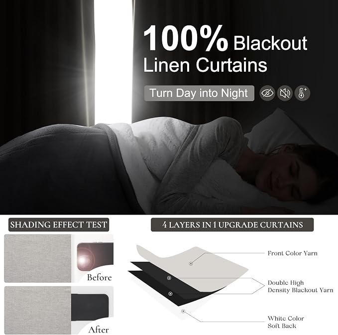Natural Melange Short Small Window Room Darkening Curtains 54 Inches Long for Bedroom/Basement, Boho Linen Thermal&Soundproof Blackout Curtain Back Tab Pleated Hooks Light Brown (50"Wx54L 2 Panels)