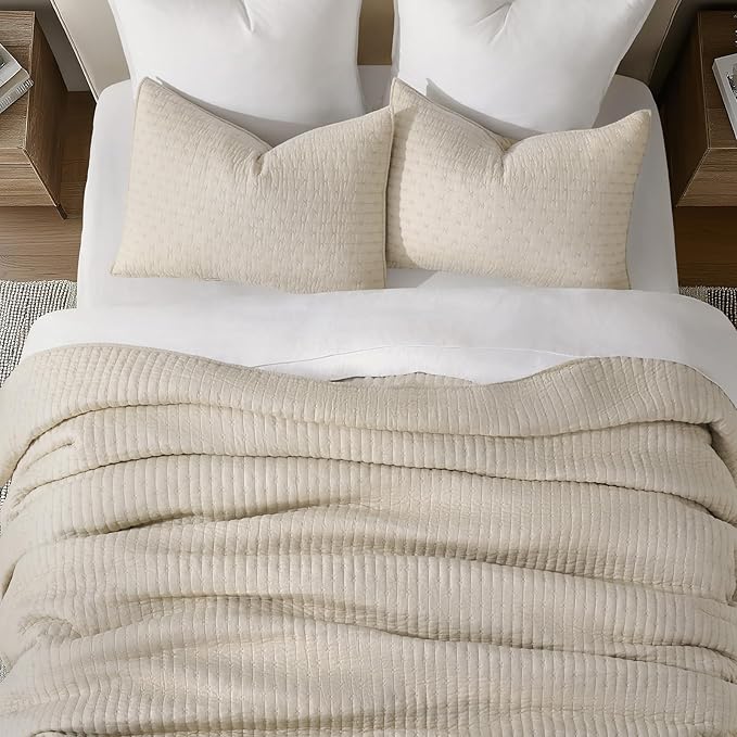 100% Cotton Cross Stitch 3-Piece Quilt Set, Queen, Flax Beige | 100% Cotton, Elegant Cross Stitch, Soft & Breathable, Prewashed Softness, Oversized Design, OEKO-TEX® Certified