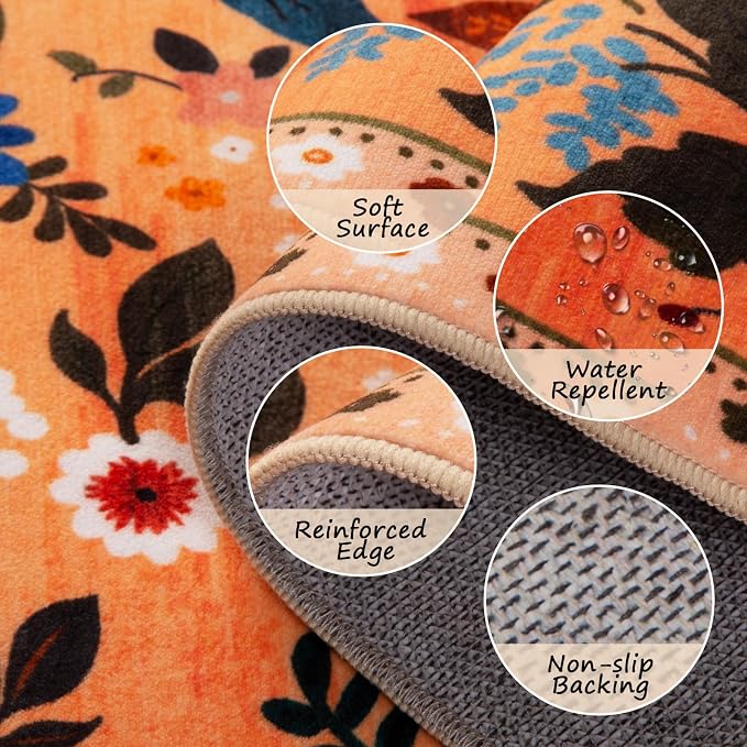 RELEANY Floral Washable 3x5 Area Rugs Orange/Yellow/Red | Flower Carpet, Print, Boho, Non-Slip, Easy to Clean, Soft, Low Pile for Living Room Bedroom Kitchen Office Entryway Hallway