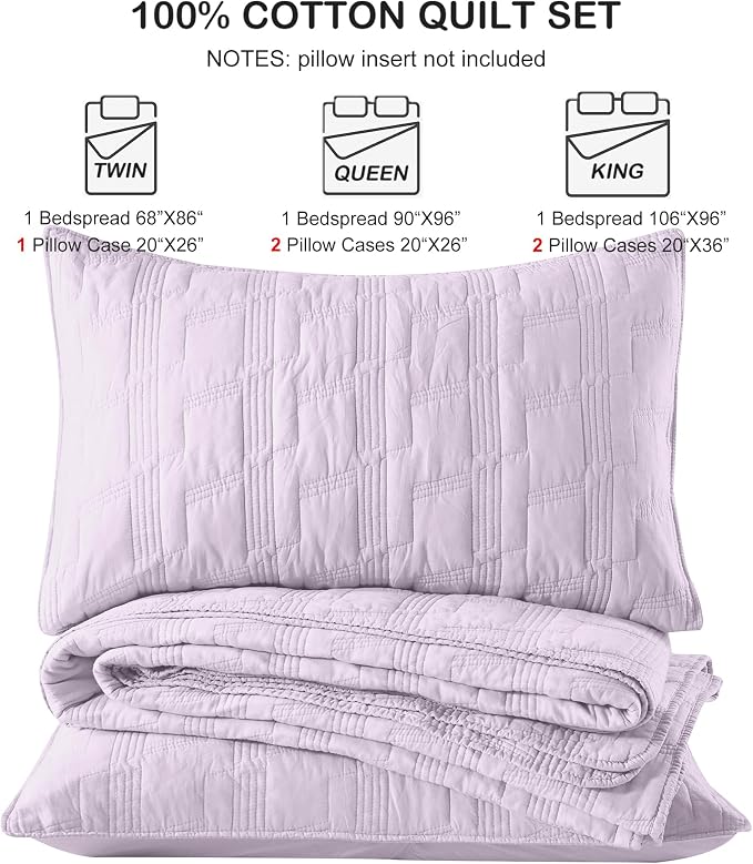 HORIMOTE HOME 100% Cotton Quilt Set Queen Size, Lavender Pre-Washed 3-Piece Bedspread Coverlet Set, Cozy Lightweight Stitching Bedding Cover with 2 Shams in Geometric Pattern for All Season