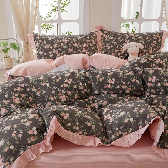 mixinni Vintage Floral Duvet Cover Set Twin XL Size – 100% Cotton Ruffle Lace Bedding, Pink Rose Flower and Green Leaf Print, Reversible Stripes Pattern, Grandmillennial Cottagecore Aesthetic 3Pcs