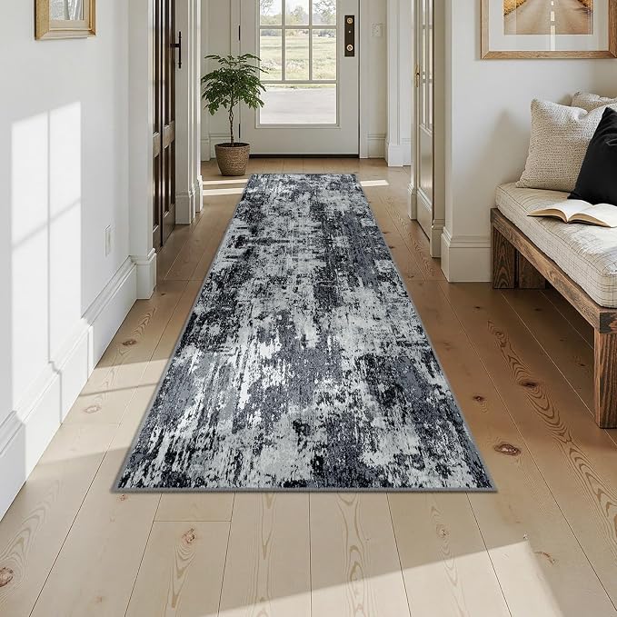 RELEANY Washable Runner 2'6"x10' Abstract Area Rug for Hallway Black White | Carpet for Kitchen, Entryway, Bathroom, Living Room, Bedroom, Printed Pattern, Non‑Slip, Soft, Stain‑Resistant, Easy to Clean