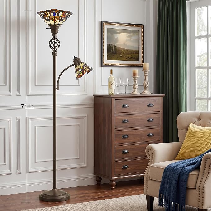 GyroVu Torchiere Floor Lamp for Living Room, Tiffany-Style Reading Light | Stained Glass Lampshade, 72" Tiffany-Style Tall Lamps for Bedroom Corner Home Office, Bulbs Included