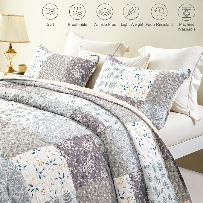 Whale Flotilla California King Size Quilt Set, Extra Soft Floral Bedspreads | Grey Reversible Lightweight Oversized King Quilt Bedding Set for Bed, Printed Coverlets with 2 Pillow Shams for All Seasons