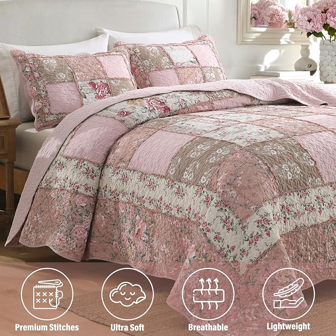 Quilt Set Queen Size, Cotton Patchwork Pink Floral Quilt Sets, Real Stitched Embroidery Bedspread Lightweight and Breathable for All Seasons, Soft Quilted with 2 Pillow Shams