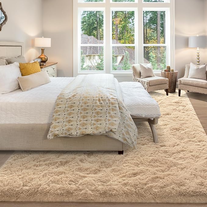 Soft Modern Indoor Large Shaggy Rug for Livingroom Bedroom Dorm Kids Room Home Decor, Non-Slip Plush Fluffy Furry Fur Area Rugs Comfy Nursery Accent Floor Carpet 9x12 Feet, Light Tan