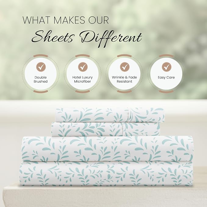 Linen Market Patterned Microfiber Full Sheet Set 4 Piece – Oeko-TEX Certified Ultra Soft & Wrinkle-Free - 16" Deep Pocket Sheets - Easy Care Full Size - Burst of Vines Light Blue