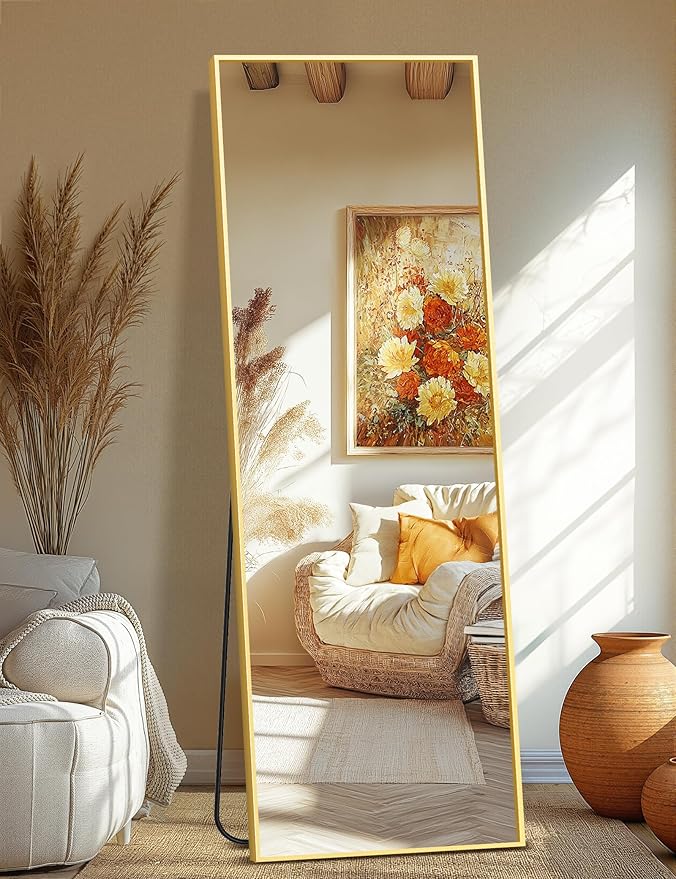 Full Length Floor Mirror 70"x24", Large Standing Body Mirror, Gold | Built-in Stand, HD Shatterproof Glass, Aluminum Alloy Frame, Wall Mounted or Standing, for Bedroom, Living Room and Bathroom