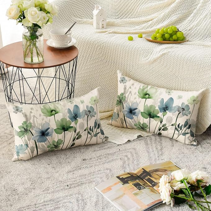 AVOIN colorlife Chinoiserie Poppy Flowers Pillow Covers 12x20 Inch Set of 2 | Blue Sage Green Seasonal Leaves Cushion Case Decoration for Sofa Couch