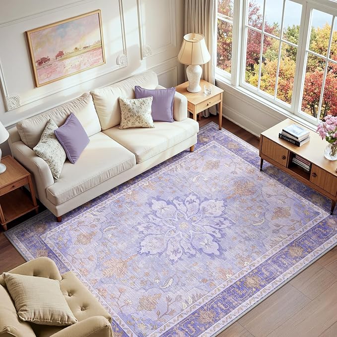 RELEANY Washable Area Rug, 6'x9', Purple | Non-Slip, Water Repellent, Pet Friendly, Easy to Clean, Vintage Floral Boho Decor for Living Room Bedroom Dining Room Office
