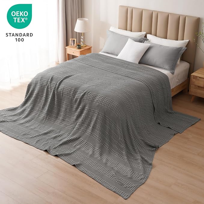 PHF Lightweight 100% Cotton Waffle Blanket, Oversized King, Dark Grey | Pre-Washed Soft Cotton Comfor, Extra Large 10'x10' Blanket, Giant Big Luxury Aesthetic Woven Bedding for Home Decor