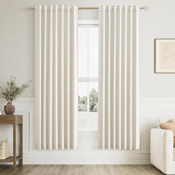 100% Blackout Linen Curtains for Bedroom 72 Inches Long Natural Cream Black Out Curtain Back Tab Thermal Insulated Room Darkening Window Drapes for Living Room 2 Panels Beige Ivory 52x72