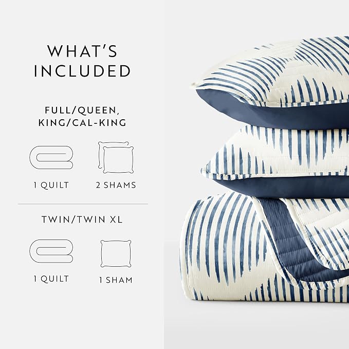 Merit Linens Soft Quilt Coverlet Bedding Set - Pattern/Solid Reversible - Full/Queen Navy