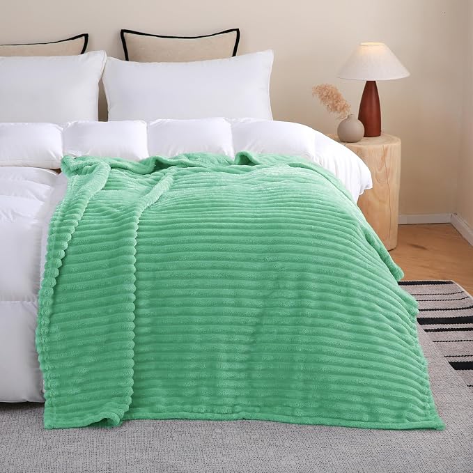 Mint Green Fleece Throw Blanket 50”×60” for Couch Sofa Livingroom | Super Soft Cozy Plush Microfiber Flannel Bed Blanket Striped Design Lightweight Home Decor Gifts for Adults Mom Women
