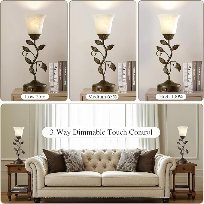 Set of 2 Touch Farmhouse Bedroom Table Lamps 2 USB C+A | Nightstand Vintage Flower Lamps, 3 Way Dimmable Leaf Lamp for Living Room with White Glass Shades, Bulbs Included