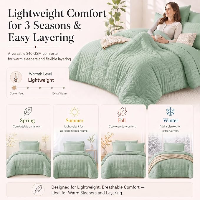 Queen Comforter Set, 7 Pieces Sage Green Seersucker Bed in a Bag | OEKO-TEX Certified, All Season Bedding Set with 240 GSM Down Alternative Comforter, Flat & Fitted Sheets, Pillowcases & Shams