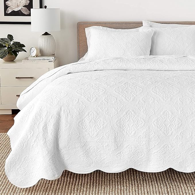 Cozy Line Home Fashions 100% Cotton Victorian Medallion Solid White Matelasse Embossed Bedding Quilt Set, Reversible Lightweight Bedspread, Coverlet for All Season (Oversized King - 3 piece)