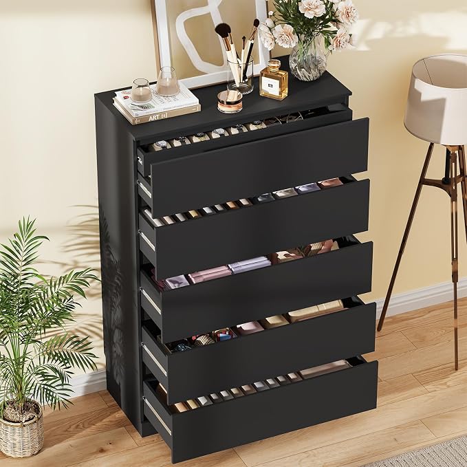 Dresser for Bedroom with 5 Drawers, 14.2" D x 31.5" W x 47.3" H, Black | Modern Chest of Drawers with Hidden Drawer,Wood Storage Dresser, Storage Organizer for Living Room, Closet, Hallway
