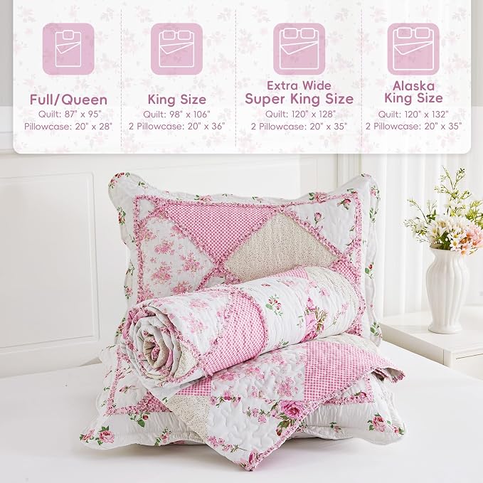 Oversized King Quilt Set Pink Floral Patchwork Alaska King Bedspreads Set | 3-Piece Alaskan King Size Bedding Set 132x120 Rversible Quilted Coverlet Lightweight Comforter Bed Cover with 2 Pillowcase