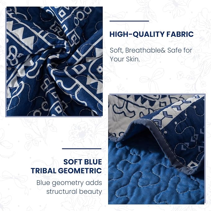 Quilt Set King Size, Bedspread Sets Blue Tribal Geometric, Reversible Quilt Bedding Set Lightweight and Breathable for All Seasons, Soft Quilted Bedspread with 2 Pillow Shams