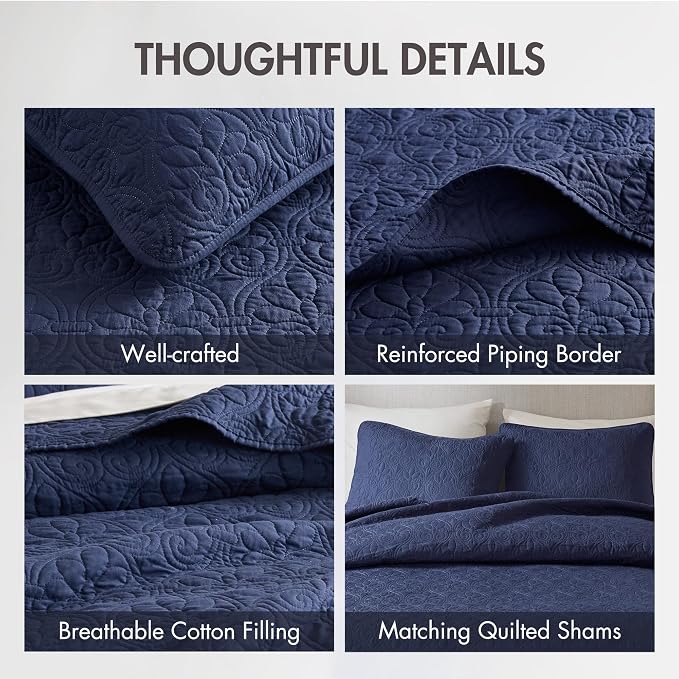 Madison Park Luxurious Cotton Damask Quilt Set, 2PC Twin/Twin XL Bed Set | All Season, Lightweight Stitching Coverlet Bedspread Bedding Stitching with Shams, Navy