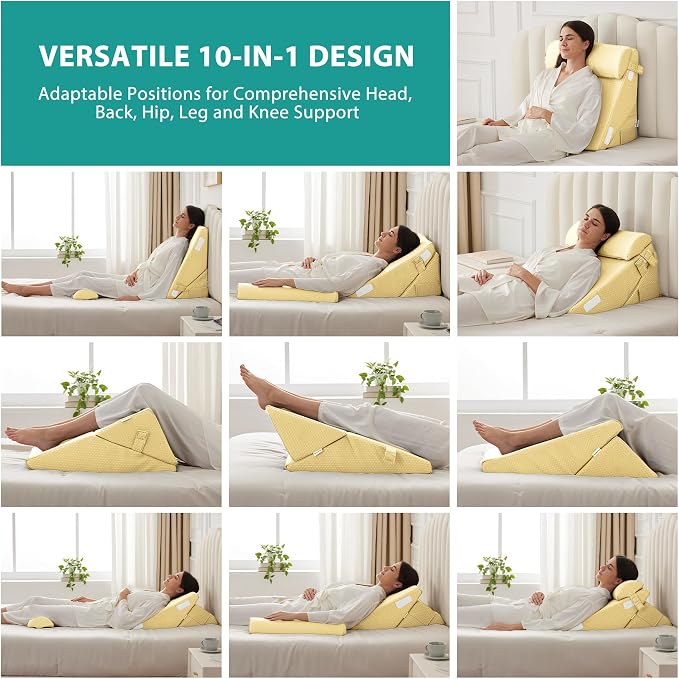 Adjustable 3pcs Bed Wedge Pillow Set, Memory Foam Wedge Pillows Post Surgery for Back, Neck, Leg Pain Relief, Pillow Wedge for Sleeping, Sitting up in Bed, Acid Reflux and GERD, Beige Yellow