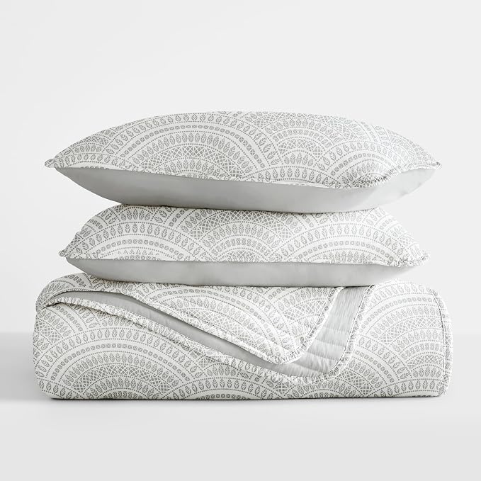 Merit Linens Soft Quilt Coverlet Bedding Set - Pattern/Solid Reversible - Full/Queen Light Gray