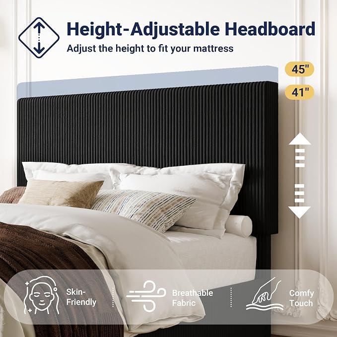 Allewie Queen Bed Frame, Adjustable Corduroy Headboard, Platform, Black | Adjustable Headboard, Corduroy Fabric, Low Profile, Wooden Slats, 900 lb Capacity, No Box Spring Needed
