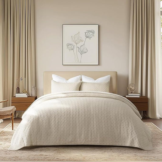 100% Cotton Cross Stitch 3-Piece Quilt Set, Queen, Flax Beige | 100% Cotton, Elegant Cross Stitch, Soft & Breathable, Prewashed Softness, Oversized Design, OEKO-TEX® Certified