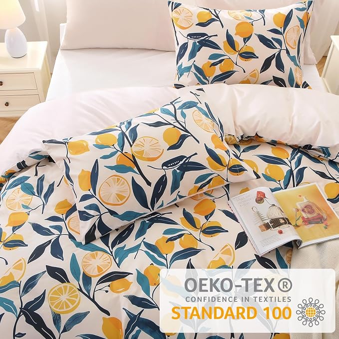 MUXHOMO Duvet Cover Queen Size, Reversible Floral Vintage Duvet Cover Set with Zipper Closure, 3 Pieces Botanical Patterns Soft Microfiber Bedding Set (90"x90", 2 Pillow Cases, Lemon Flower Green)
