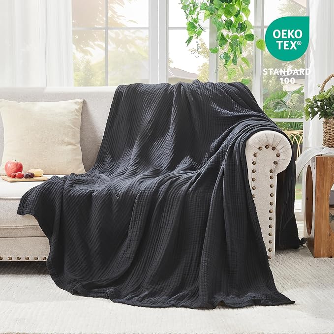EMME Muslin Blankets for Adults Throw Blanket for Couch Breathable Gauze Soft Lightweight Airy Black King 108" x 90"