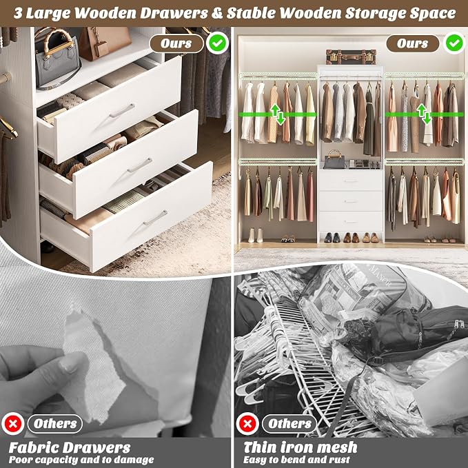 Aheaplus Closet System, 4.2-9Ft Closet Organizer with with 4 Rods, White | for Walk in Closet, Wardrobe Clothes Rack with Wooden Drawers, Garment Rack