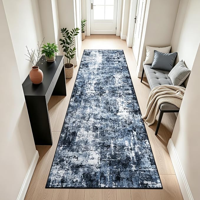 Rugflix 3x8 Runner Rug for Hallway, Washable Navy Blue Long Runners | Machine Washable; Stain-resistant; Low Pile; Non-slip; Modern Abstract; Black Carpet for Entrance Kitchen Hallway Home