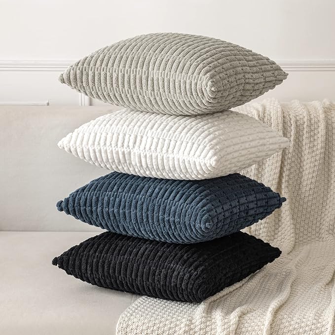 MIULEE Corduroy Decorative Throw Pillow Covers 18x18 Pure White Pack of 2 | Soft Boho Striped Pillow Covers Modern Farmhouse Home Decor For Sofa Living Room Couch Bed
