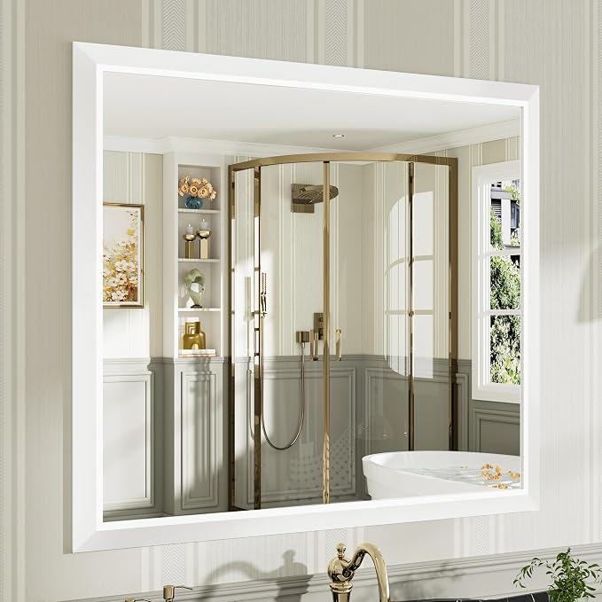 Bathroom Wall Mirror, White Metal Frame, 40x36 Inch | Anti-rust, HD tempered glass, for bathroom vanity, bedroom, living room, horizontal or vertical mount
