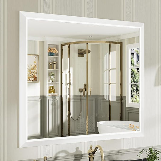 Bathroom Wall Mirror, White Metal Frame, 40x36 Inch | Anti-rust, HD tempered glass, for bathroom vanity, bedroom, living room, horizontal or vertical mount