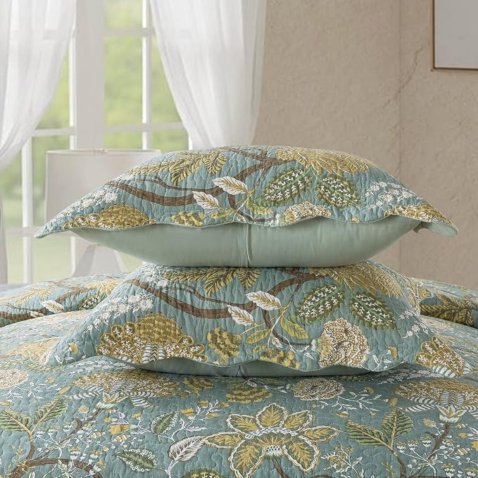 Bedspread Quilt Sets-Reversible Patchwork Coverlet Set, Green Floral Pattern, King Size