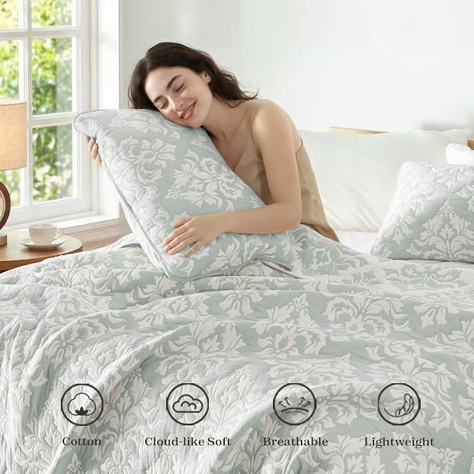 Exclusivo Mezcla Cotton Quilts King Size Sage Green | Soft Lightweight Bedspread, Breathable Prewashed Yarn Dyed Muslin, All Season Bedding Set, Boho Coverlet With 2 Pillow Shams