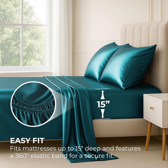 Satin Sheets King [4-Piece, Teal] Hotel Luxury Silky Bed Sheets - Extra Soft 1800 Microfiber Sheet Set, Wrinkle, Fade, Stain Resistant - Deep Pocket Fitted Sheet, Flat Sheet, Pillow Cases