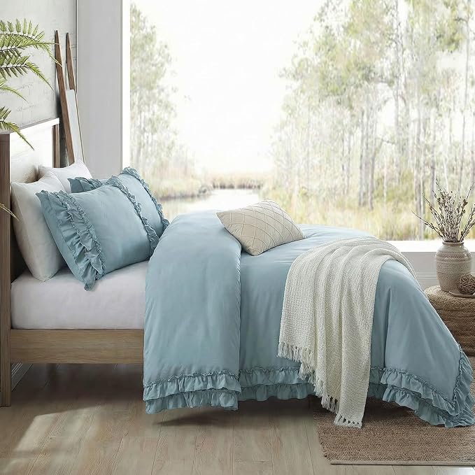 Grayish Blue Duvet Cover Queen Vintage Ruffled Bedding Shabby Chic Boho Bedroom Decor Super Soft All Season Ruffle Duvet Cover Set