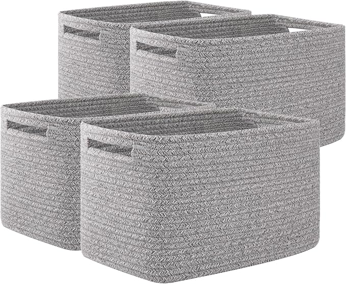 OIAHOMY 4 Pack Storage Baskets for Organizing 15L Cube Storage Bins Grey | Woven Baskets for Storage Rectangle Small Baskets With Handles Baskets for Shelves Wicker Baskets for Shelves 12.7x9x7.8inch