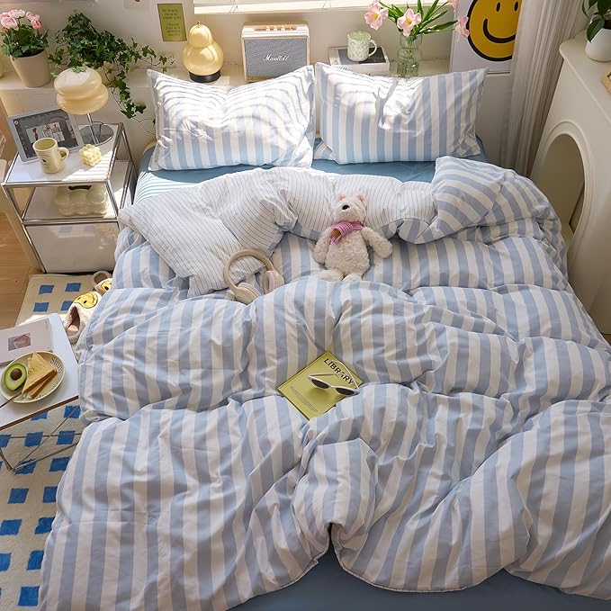 Blue Striped Comforter Set Full Size, Vintage Blue White Stripes Pattern Printed Comforter with 2 Pillowcases, Breathable Soft Lightweight Bedding Comforter Boho Farmhouse Striped Comforter Set