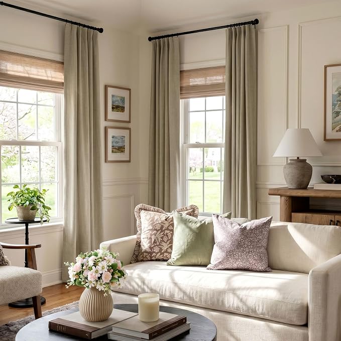 INOVADAY 100% Blackout Curtains for Bedroom Black Out Curtains 96 Inch Long | Earthy Beige Living Room Curtains 2 Panels, Clip Rings Linen Look Blackout Drapes, Thermal Insulated Room Darkening,W50xL96