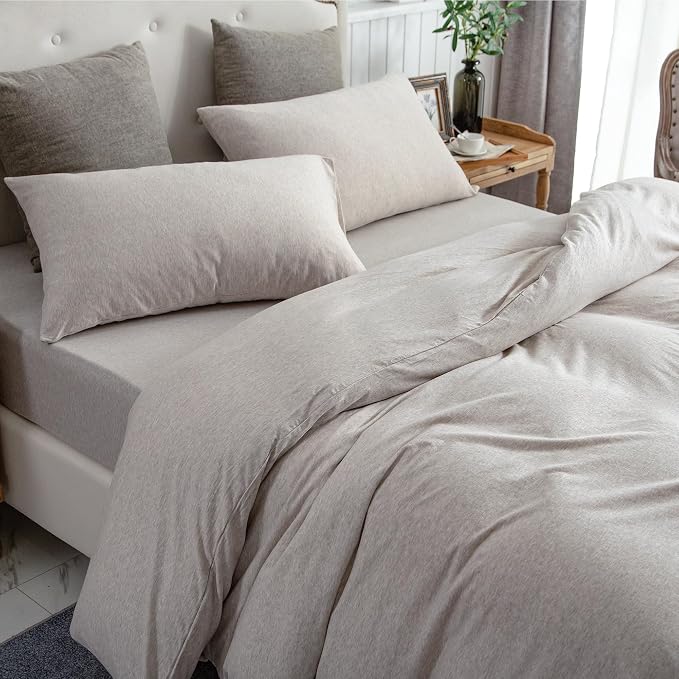 PURE ERA Jersey Knit Duvet Cover Set 100% T-Shirt Cotton Super Soft Comfy 3pc Bedding Set with Zipper Closure (Heather Beige, Queen) | 100% Cotton, 3 Piece Set, T Shirt Soft, Breathable, Envelope Closure Pillowcases, Hidden Zipper, 8 Ties, No Insert, M...
