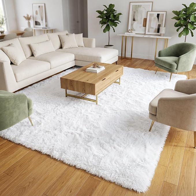 Soft Modern Indoor Large Shaggy Rug for Livingroom Bedroom Dorm Kids Room Home Decorative, Non-Slip Plush Fluffy Furry Fur Area Rugs Comfy Nursery Accent Floor Carpet 8x10 Feet, White