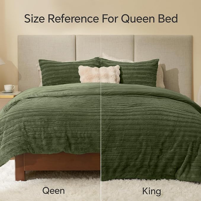 BEDELITE Faux Fur Queen Comforter Set, Fluffy Bed Set, Olive Green | Super Soft & Warm, Luxury Fuzzy Cozy Comforter for Winter, Heavy Plush Bed set, with 2 Pillowcases