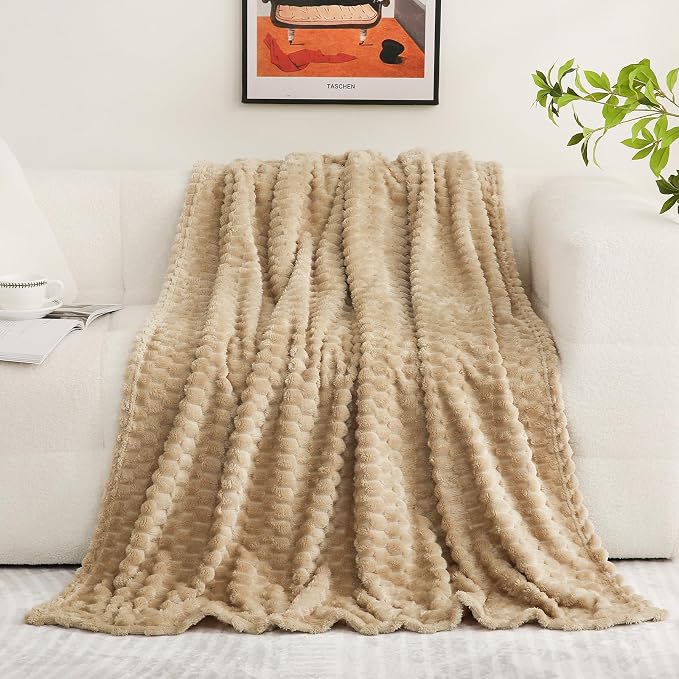 Puncuntex Beige Throw Blanket 60"×80" inches Fuzzy 3D Jacquard Decorative | Flannel Fleece Super Soft Plush Cozy Blanket for Couch Sofa Chair Lightweight